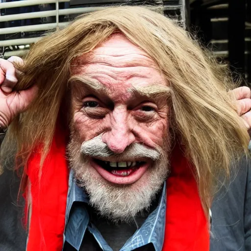 Image similar to donald trump dressed as a homeless man living in the slums