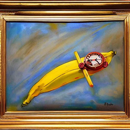 Image similar to oil painting impressionist stopwatch and banana flying through the air, flies, whimsical, detailed,