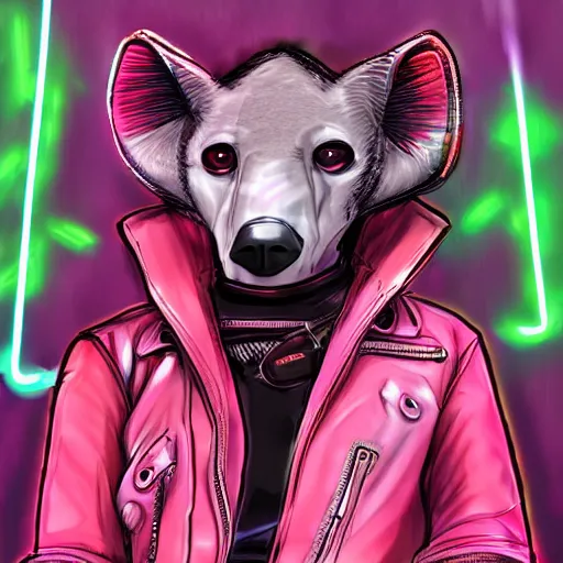 Image similar to digital painting of anthromorphic hyena female smoking cigarrete in cyberpunk style, fursona, furry fandom, neon rainy cyberpunk setting, anthro, wearing cyberpunk leather jacket, detailed face,