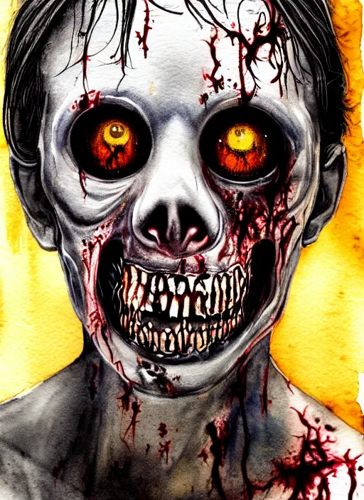 Image similar to zombie hollywood professional acting headshot, hyperrealism, intricate detailed, studio lighting, charming expression gesicht, watercolor art, drawn and painted, colored layers, dulled contrast, exquisite fine art