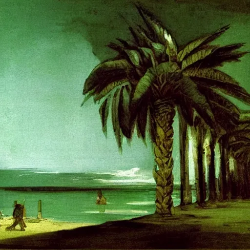 Image similar to a painting francisco goya did when he was obsessed with vaporwave palm trees