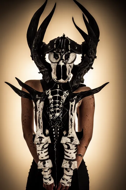 Image similar to a beautifull demon model, wearing organic bone armor, luxury materials, symmetrical, cinematic, elegant, professional studio light, real dlsr photography, sharp focus, 4 k, ultra hd, sense of awe, high fashion