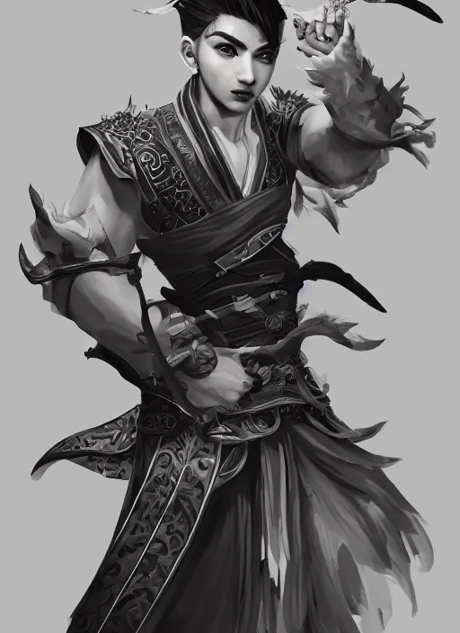 Prompt: a highly detailed illustration of fierce short white haired parted through the middle young attractive asian man, wearing hakama, with black sclera eyes, heroically battle posing, intricate, elegant, highly detailed, centered, digital painting, artstation, concept art, smooth, sharp focus, league of legends concept art, WLOP