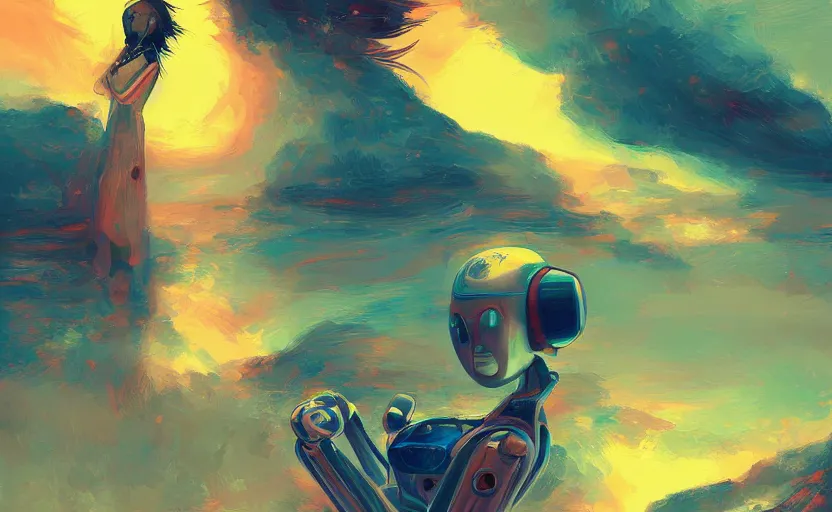 Prompt: it feels like something to be anything. Woman and her robot in a beautiful landscape. Rough strokes and grainy. Interesting colour scheme. Detailed. Beautiful digital art by artist Lurid. (2022)