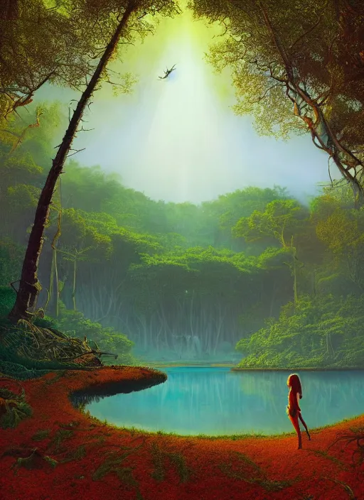 Prompt: breathtakingly beautiful ultrawide angle colour masterpiece dream by roger dean and greg hildebrandt and kilian eng and jean giraud and beeple and studio ghilbi, forest clearing, arch, lake, reflection, symmetry, secret overgrown temple, cloaked person looking over shoulder, incredible sense of depth and perspective and clarity, weird abstract, 8 k