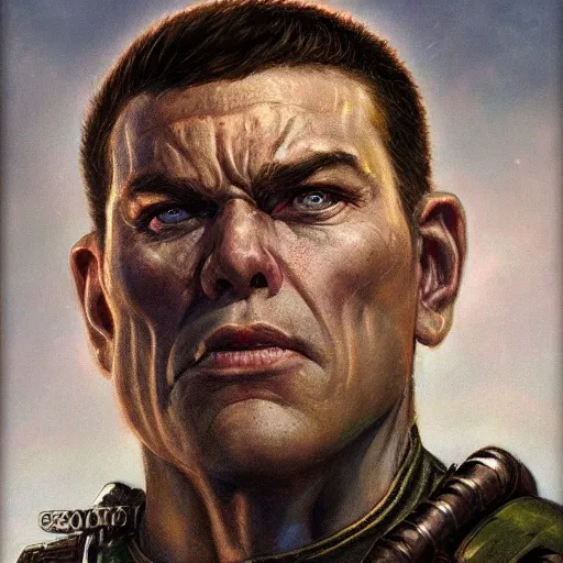 Prompt: the doomguy as a realistic d & d fantasy character, closeup portrait art by donato giancola and greg rutkowski, vintage retro, realistic face, digital art, trending on artstation, symmetry!!