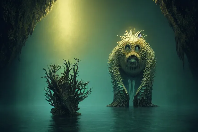 Prompt: creature in a alaska, water reflection, backlit, warm tones, bioluminescent bioluminescent translucent translucent : : by michal karcz, daniel merriam, victo ngai and guillermo del toro : : ornate, dynamic, particulate, intricate, elegant, highly detailed, centered, artstation, smooth, sharp focus, octane render, 3 d