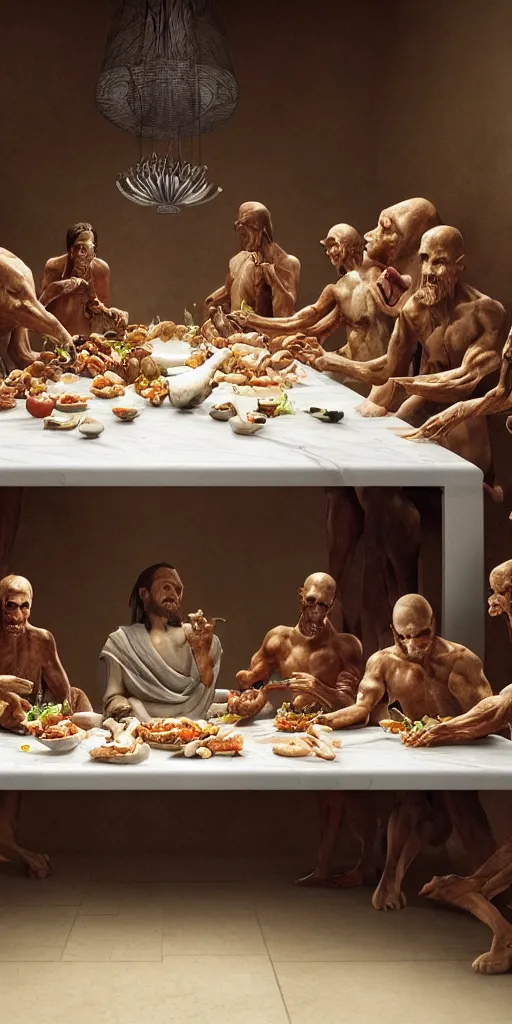 Image similar to !13 hungry cannibals making a rich salad around a marble table, !positioned as last supper cinematic lighting, dramatic framing, highly detalied, 4k, artstation, by Rene Lalique and Wayne Barlowe