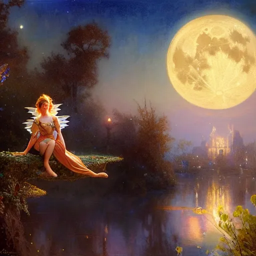 Image similar to attractive fairy magically floating high in the night, fantasy, full moon in background. highly detailed painting by gaston bussiere, craig mullins, j. c. leyendecker, mid shot, 8 k