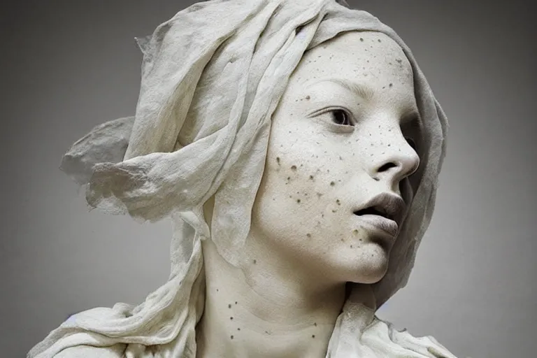 Image similar to a sculpture of a beautiful woman sitting on a chair, a white marble sculpture covered with floating wax by nicola samori, behance, neo - expressionism, marble sculpture, apocalypse art, made of mist