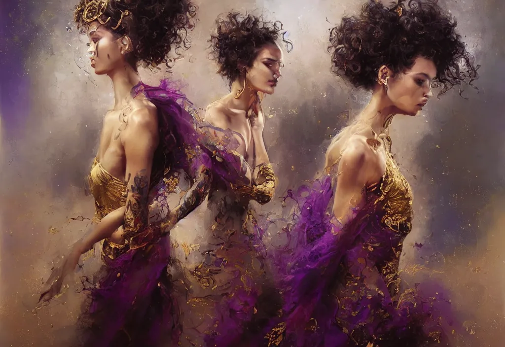 Prompt: full body portrait of a trio of 1 9 years old girl figures, curly messy high bun hairstyle, oriental tattoos, subject wearing a gold and ruby high fashion gown, flowing, ornate, beautiful, dramatic earth colors, with few vivid purple highlights, by jeremy mann and greg rutkowski, trending on artstation, oil on canvas