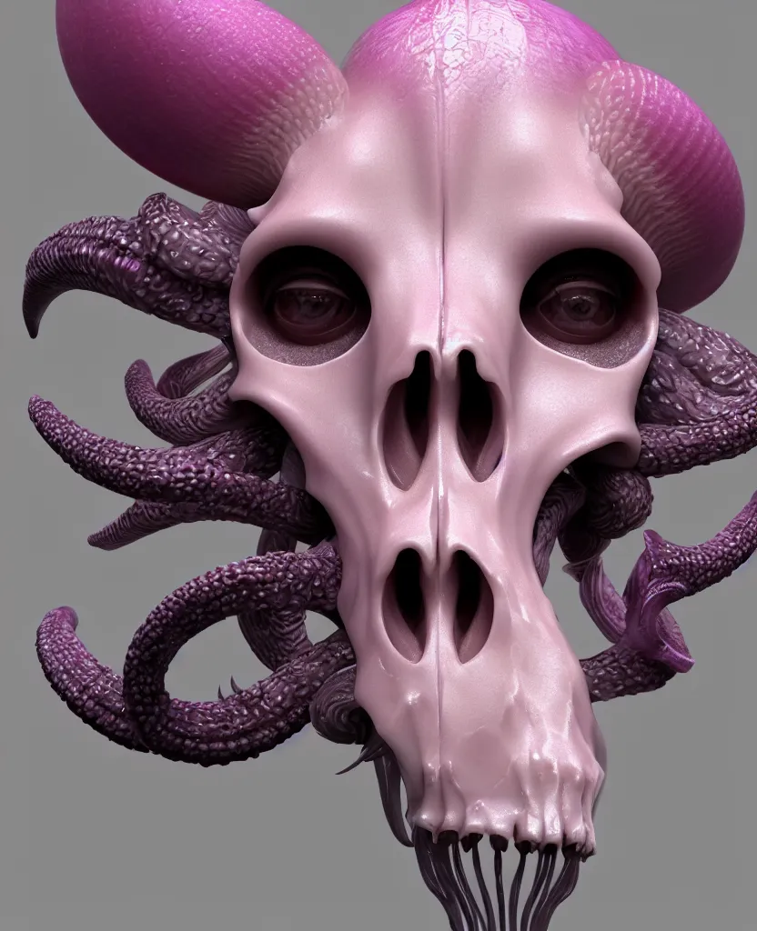 Image similar to goddess princess face close-up portrait ram skull. hard surface modelling zbrush. jellyfish phoenix head, nautilus, orchid, skull, betta fish, bioluminiscent creatures, intricate artwork by Tooth Wu and wlop and beeple. octane render, trending on artstation, greg rutkowski very coherent symmetrical artwork. cinematic, hyper realism, high detail, octane render, 8k