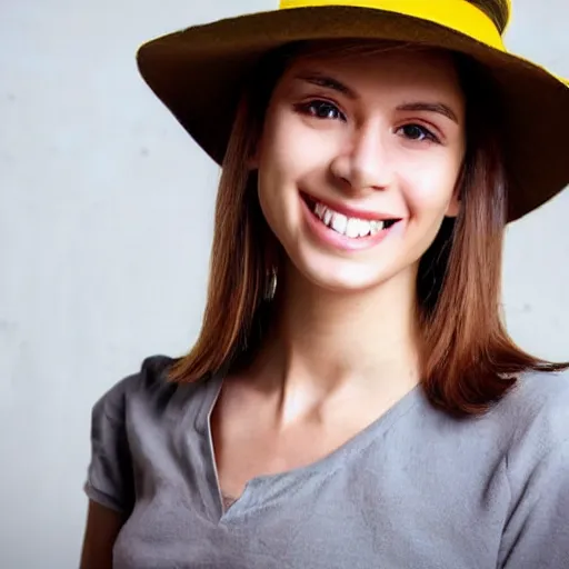 Image similar to portrait of a smiling 2 5 - year - old french woman with 9 0 degree nails pretty face, perfect large eye, medium yellow blond hair, character with a hat, hair comes out of the hat a little