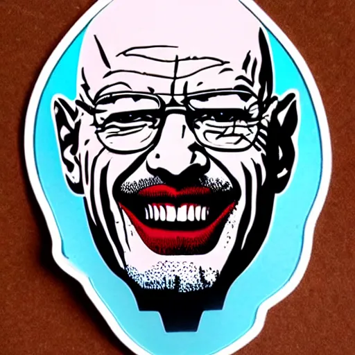 Image similar to die cut sticker, walter white laughing like the joker, splatter paint