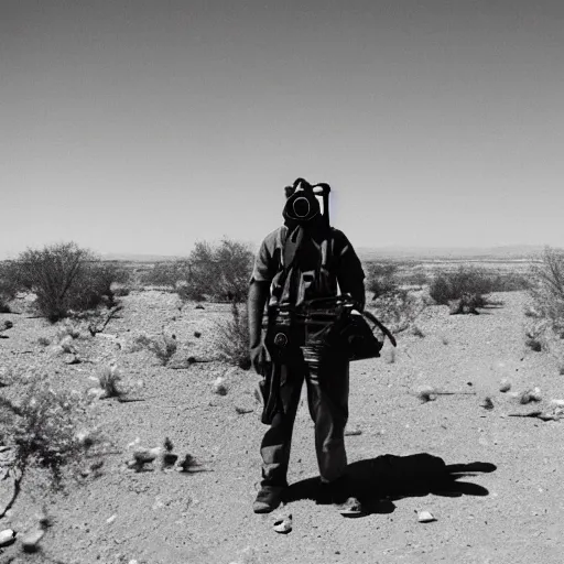 Image similar to a man wearing a gasmask, heavily equipped, in the desert, film still, panasonic 35mm