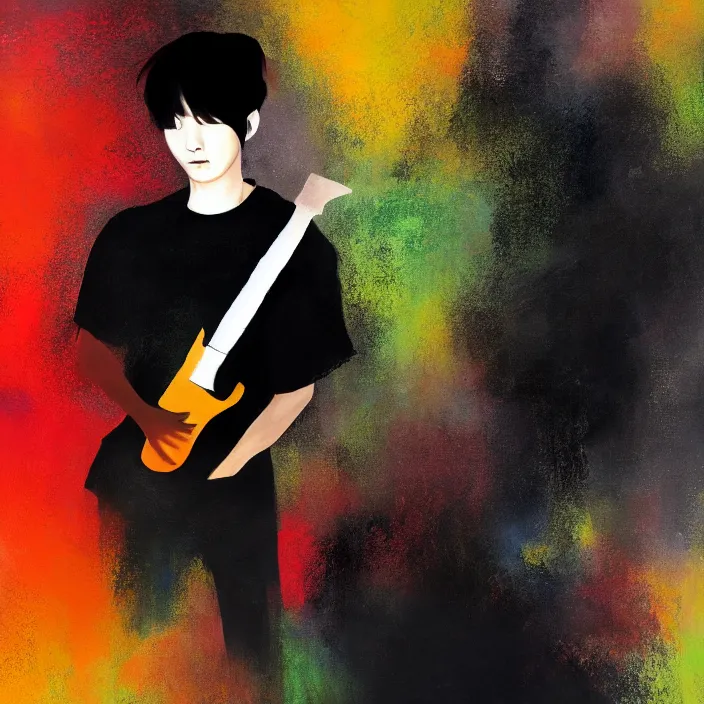 Image similar to minimal dramatic painting of a young korean man wearing black t shirt holding an electric guitar!!, dark background, huge dramatic brush strokes, matte colors, abstract, trending on artstation