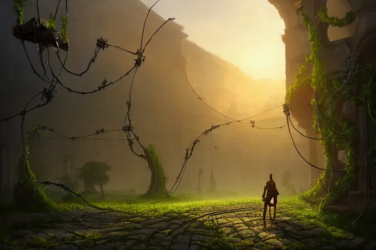 Image similar to a walking ancient city mounted on mechanical legs, vines, hyperrealistic, highly detailed, cinematic, single ray of sun, fog, beautiful, cgssociety, artstation, 8 k, oil painting