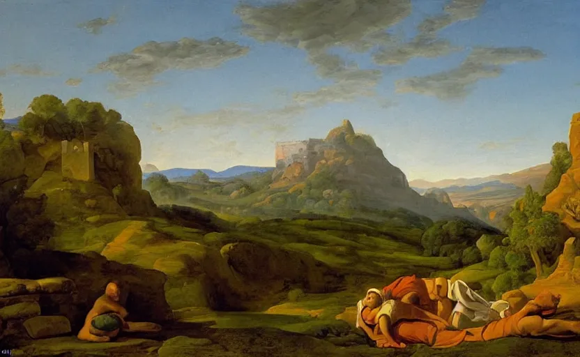 Image similar to an oil painting of a tomb with an intricately detailed door, hills in the background, inspired by nicolas poussin, inspired by guercino, in the style of french baroque, insanely detailed, mysterious mood