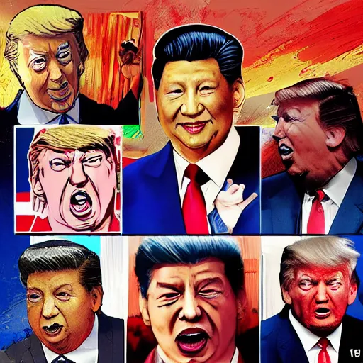 Image similar to xi jinping vs donald trump, street fighters, street fighter, fight, against, digital art, cartoon style