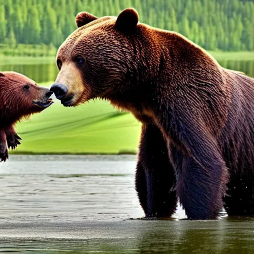 Image similar to a bear chugging a bear by a lake