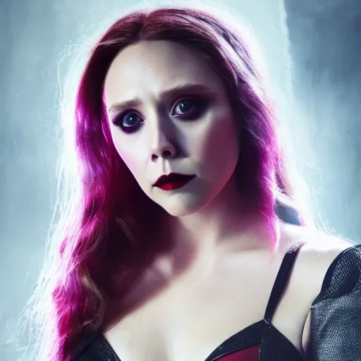 Prompt: Elizabeth Olsen as the Scarlet Witch in gothic attire and gothic makeup, trending on artstation, gloomy atmosphere, photorealistic facial features, 4k, 8k