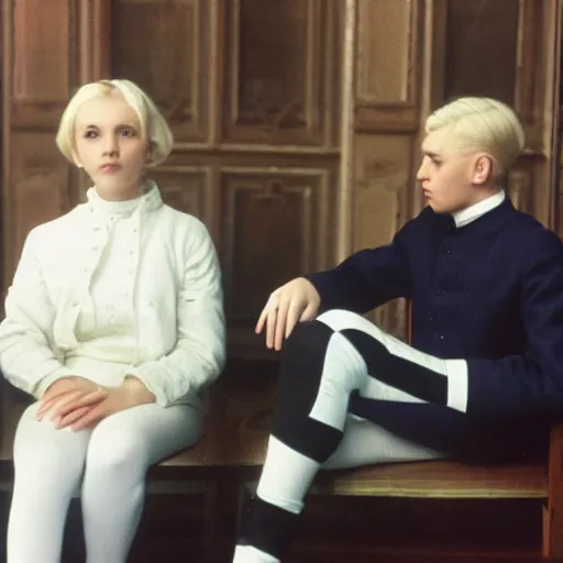 Image similar to aristocratic platinum - blonde - haired hime - cut blue - eyed 1 9 - year - old french princess wearing white leggings and black jacket, sitting in a communist office chatting with a bolshevik officer, colorized hd photograph