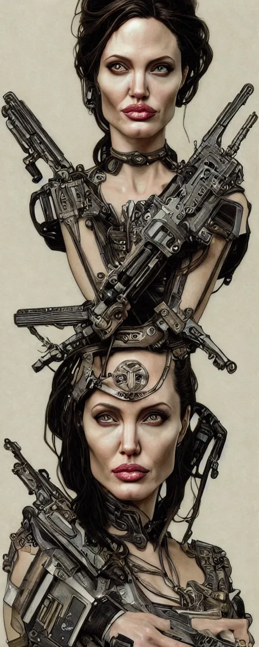 Image similar to beautiful stunning sci - fi art nouveau portrait of angelina jolie as an ironpunk rebel soldier by travis charest, moebius and alphonse mucha, photorealism, extremely hyperdetailed, perfect symmetrical facial features, perfect anatomy, ornate declotage, weapons, circuitry, high technical detail, determined expression, piercing gaze