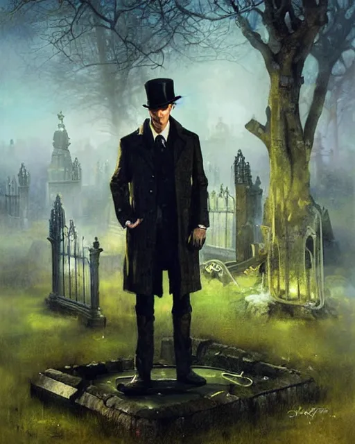 Prompt: sherlock holmes standing in a graveyard, night, detailed, hd, bright, sunny, by tom bagshaw, by fintan magee, by raymond swanland, by sherree valentine daines