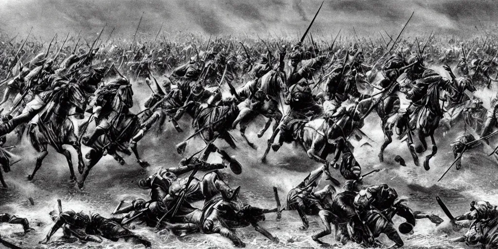 Image similar to army of charles minguses charging into battle, black and white, dramatic