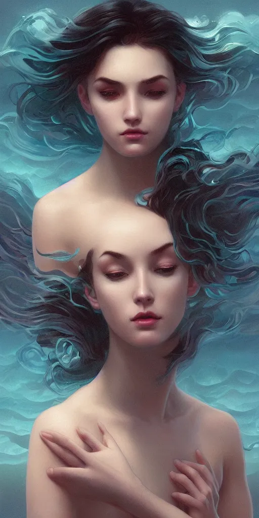 Image similar to haunting beautiful young woman, detailed photo realistic gorgeous face turning waves, dark, ominous, sad eyes, glowing hue of teal, vaporwave aesthetic, synthwave , digital painting, artstation, concept art, smooth, sharp focus, illustration, art by artgerm and greg rutkowski and alphonse mucha