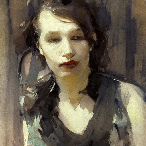 Prompt: anders zorn painting of a beautiful woman with a melting face smoking