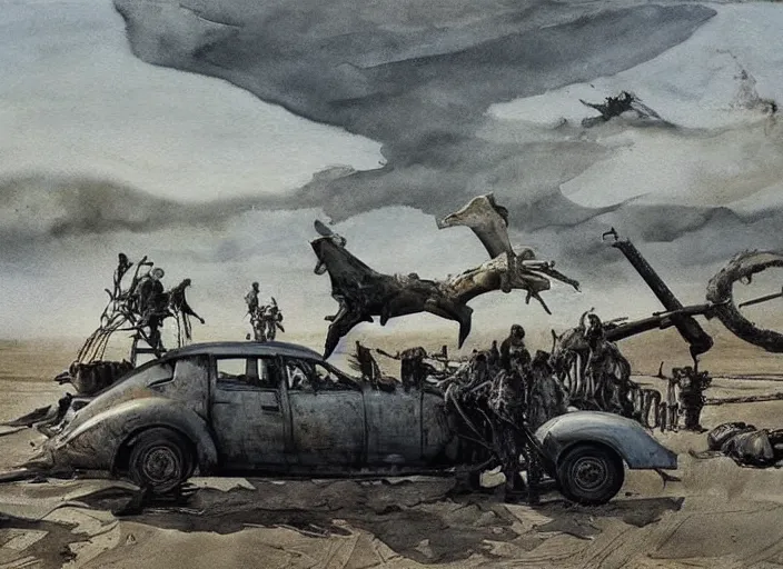 Prompt: mad max fury road, painting by andrew wyeth, very detailed, somber mood,