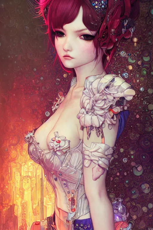 Prompt: portrait of beautiful young fairy, cyberpunk, pinup, Warhammer, highly detailed, artstation, illustration, art by Gustav Klimt and Range Murata and Ilya Kuvshinov and Sakimichan