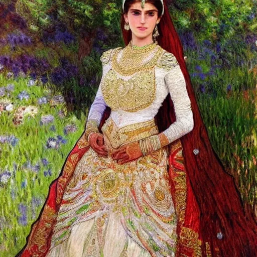 Image similar to full body portrait of a beautiful Kurdish bride wearing a beautiful wedding dress, very detailed eyes, hyperrealistic, beautiful and symmetrical face, very detailed painting by Claude Monet and Alphonse Mucha, trending on artstation, extremely high detail, incredibly intricate