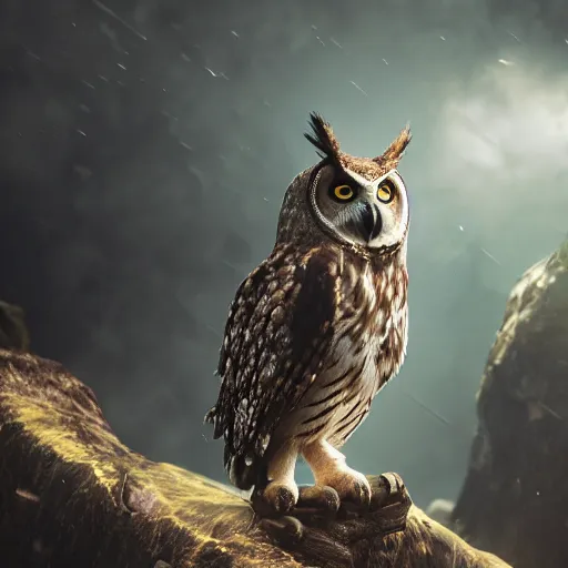 Image similar to closeup photo an owl, intricate detail, volumetric lighting, epic composition, hyper detailed, ultra realistic, sharp focus, octane render, ray tracing,, sense of awe, swirling mist