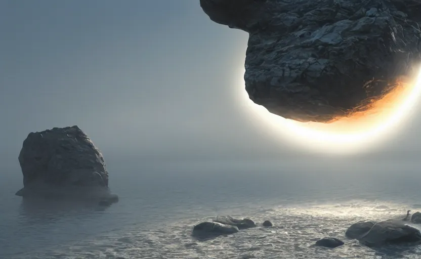 Prompt: giant glowing ufo, directed by charlie kaufman ( 2 0 0 1 ) anamorphic lenses, a rocky shore in the foreground, foggy volumetric light morning, a beam of light from the heavens, cinematic trending on artstation in the style of greg rutkowski