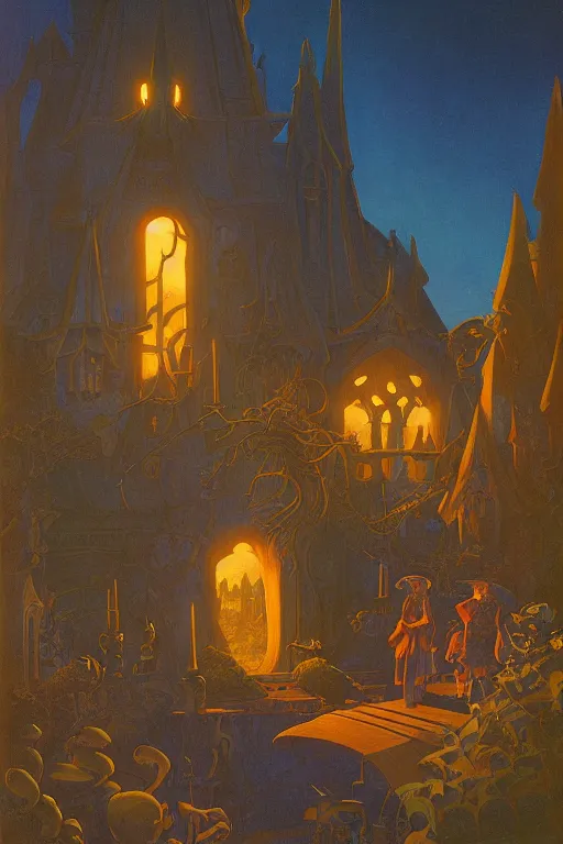 Image similar to witch's workshop lit up at twilight, by Sylvain Sarrailh and Nicholas Roerich and jean delville and Tyler Edlin and William Dyce, dramatic cinematic lighting , beautiful garden, ornate carved architecture, smooth, sharp focus, extremely detailed