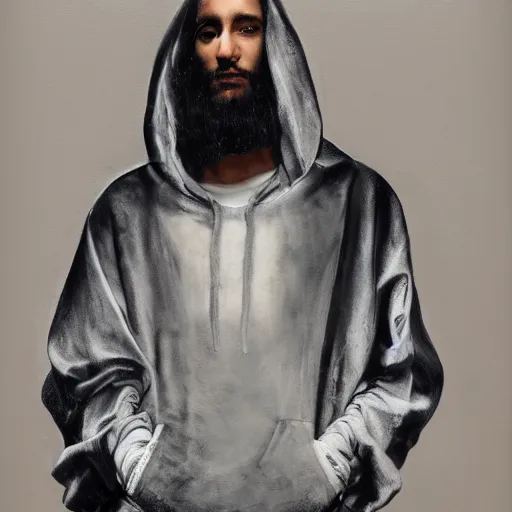 Image similar to a full body portrait of modern day jesus wearing jerry lorenzo streetwear hoodie and pants by nicola samori, oil painting, smudges, realistic, 8 k, adidas sneakers style