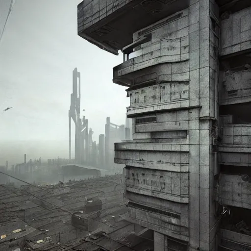 Prompt: sci - fi concrete brutalist dystopian architecture, rutkowski, giger, simon stalenhag, photoreal, highly detailed, 8 k, hd, vray, artstation