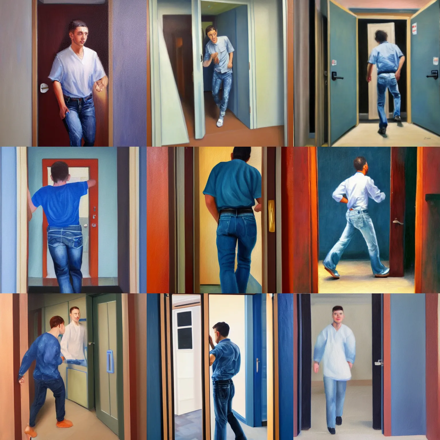 Prompt: a young man wearing blue jeans rushing into a hospital door, realistic oil painting