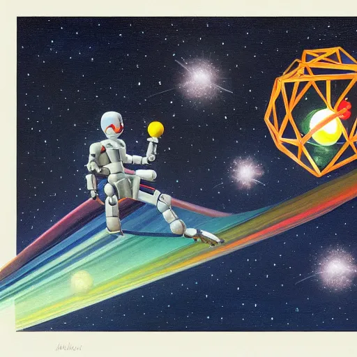 Image similar to a painting by ralph mcquarrie of floating molecules and a robot artist holding an icosahedron with stars, clouds, and rainbows in the background, trending on artstation, masterpiece, incredible details