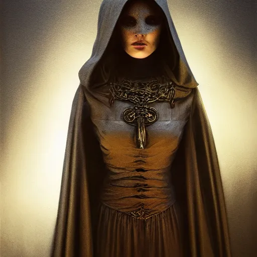 Image similar to a portrait of a young woman wearing a long dark cloak, hood and shadows covering face, holding golden chains, oil painting, matte painting, black background, Volumetric Golden dappled dynamic lighting, Highly Detailed, Cinematic Lighting, Unreal Engine, 8k, HD, by Beksinski