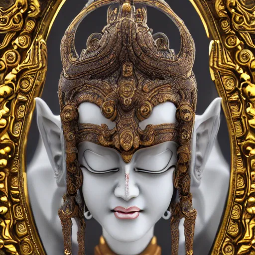 Image similar to naraka buddhist demon korean female, highly detailed, symmetrical long head, smooth marble surfaces, detailed ink illustration, raiden metal gear, cinematic smooth stone, deep aesthetic, concept art, post process, 4 k, carved marble texture and silk cloth, latex skin, highly ornate intricate details, in the style of 8 8 grzes