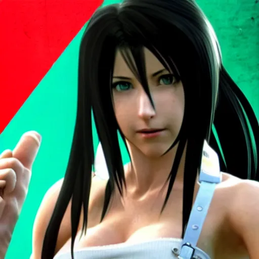 Image similar to Tifa Lockhart from Final Fantasy VII Remake looking at the Italian flag and chuckling to herself