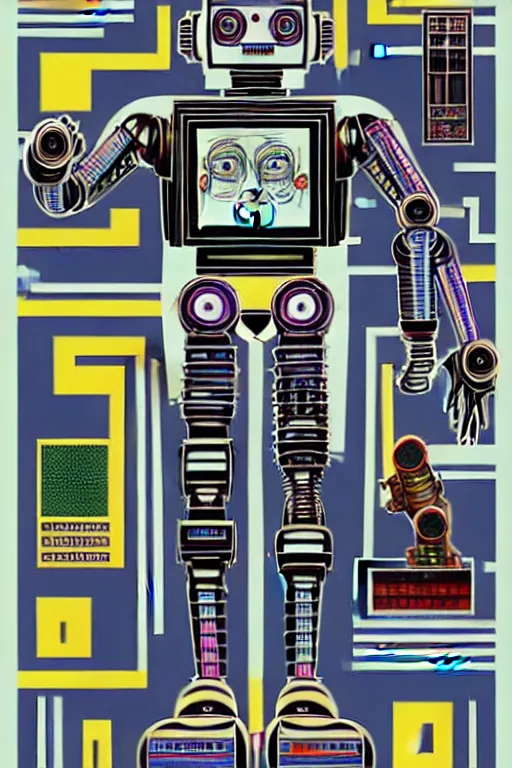 Image similar to a diagram of a robot body with various parts, cyberpunk art by eduardo paolozzi, behance contest winner, computer art, greeble, steampunk, poster art, james turrell, robert rauschenberg, andy warhol, pop art, czechoslovakia, surrealism, milton glaser, graphic design