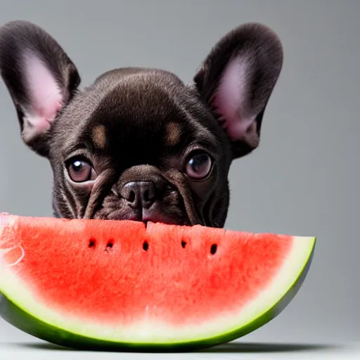 Prompt: a very cute french bulldog puppy eating watermelon, high quality photograph, studio lighting