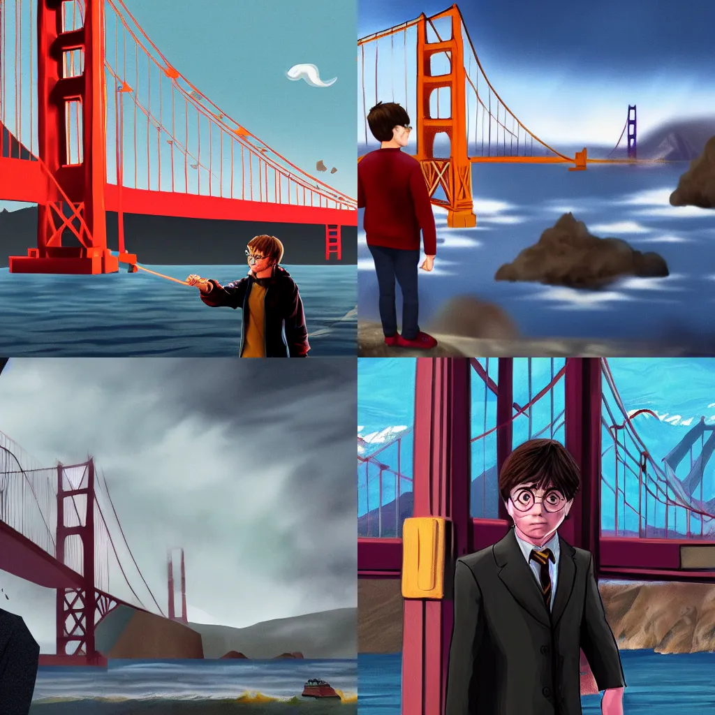 Prompt: harry potter faces the terrible monster with the golden gate bridge in the background. the monster flinches while harry stands defiant | trending on artstation