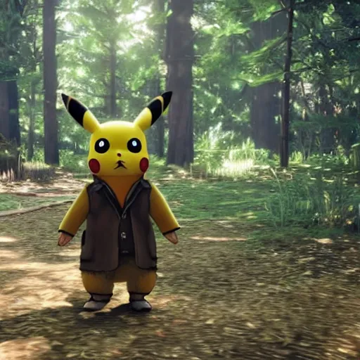 Prompt: Pikachu as wildlife in a forest in Red Dead Redemption 2