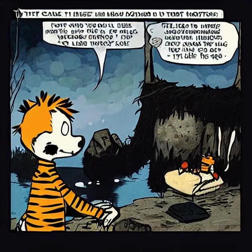 Image similar to “Calvin and Hobbes getting the ring from Mordor”