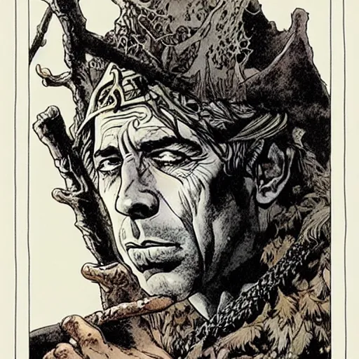 Image similar to a realistic and atmospheric portrait of humphrey bogart as a druidic warrior wizard looking at the camera with an intelligent gaze by rebecca guay, michael kaluta, charles vess and jean moebius giraud